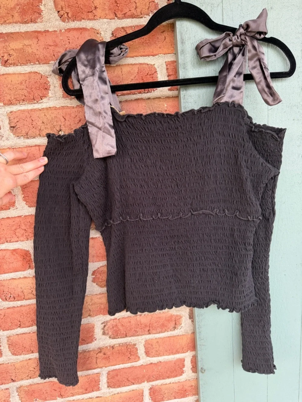 Anthropologie Charcoal 100% cotton Smocked Long Sleeve Top with Satin Ties